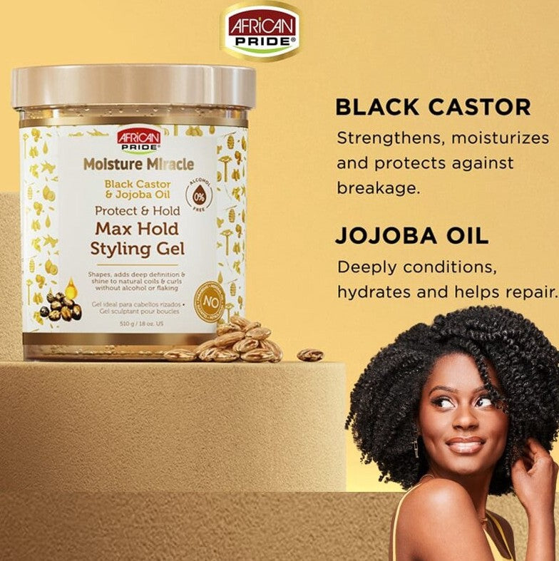 African Pride Moisture Miracle Black Castor & Jojoba Oil Max Hold Gel 510g
