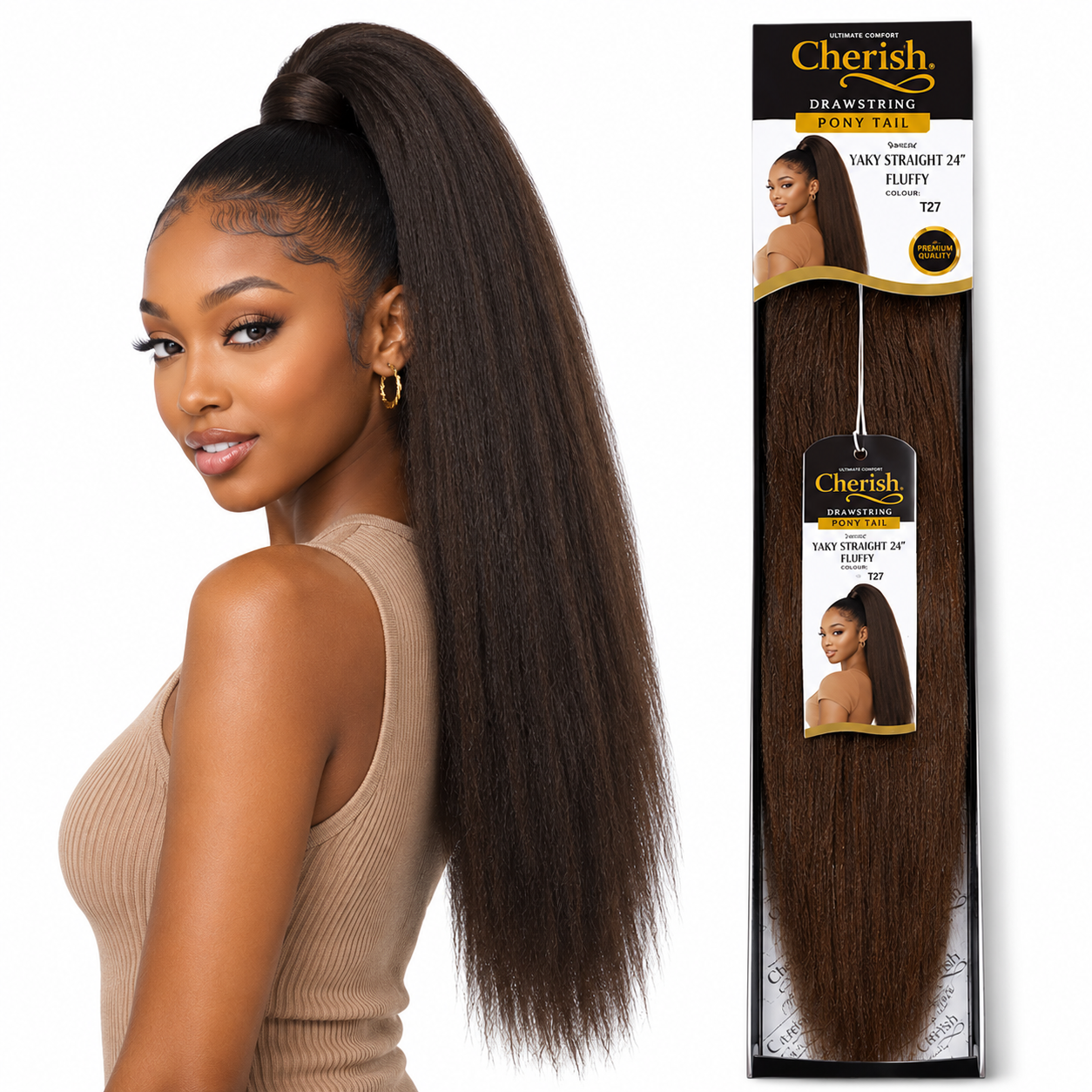 CHERISH SYNTHETIC LONG DRAWSTRING PONYTAIL - YAKY STRAIGHT 24 INCH FLUFFY