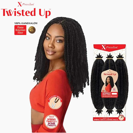 Woman with styled hair and Xpression Twisted Up hair extensions packaging on a white background